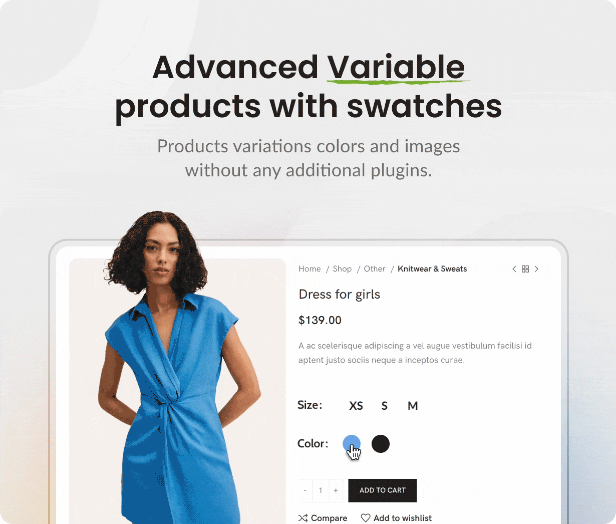 Variable product page with colour and size swatches